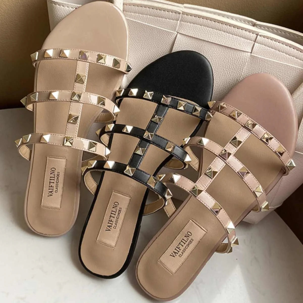 women's sandals summer 2024 luxury Designer woman Heeled slipper sandals Leather Brand Rivets High Heels Gladiator Ladies Shoes