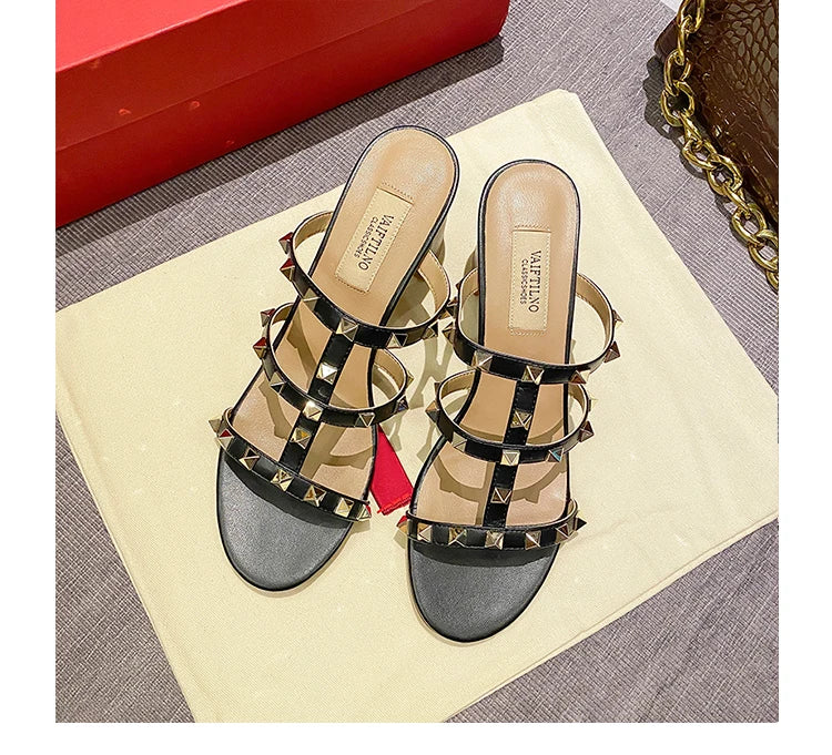 women's sandals summer 2024 luxury Designer woman Heeled slipper sandals Leather Brand Rivets High Heels Gladiator Ladies Shoes