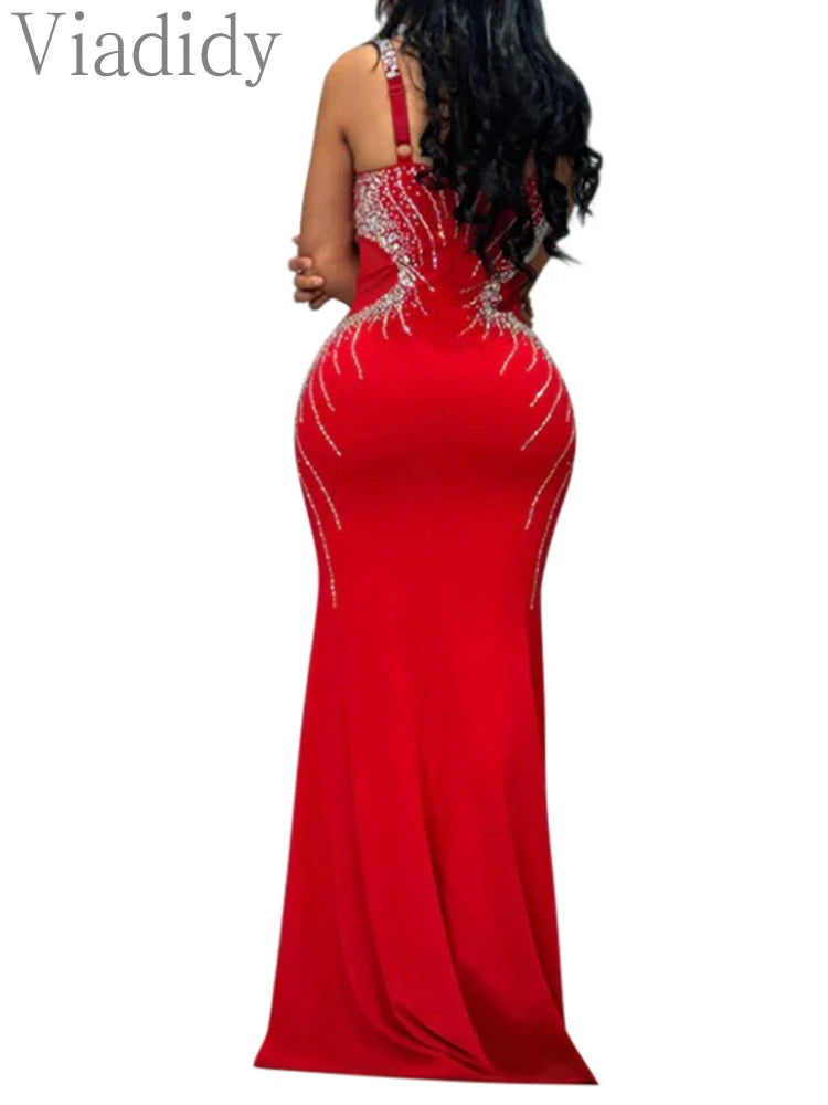 Women Spaghetti Strap Rhinestone Floor Length Mermaid Party 👗