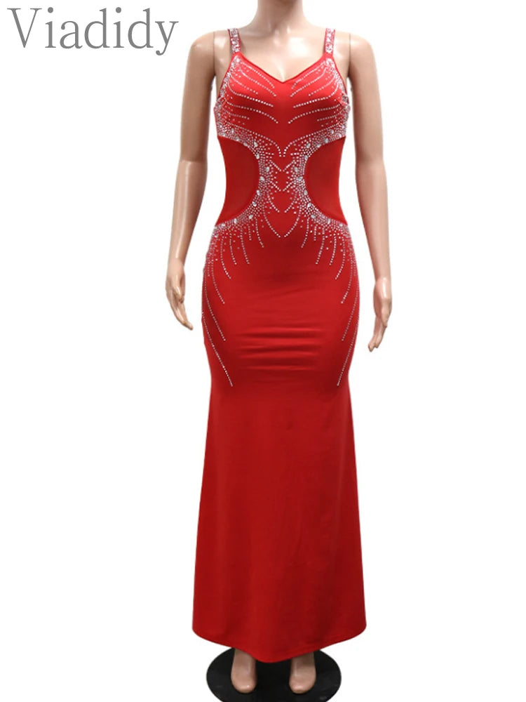 Women Spaghetti Strap Rhinestone Floor Length Mermaid Party 👗