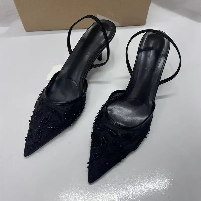 Woman Designer Mesh Open Heel Sandals Shoes Fashion Print Pointed End Women High-heel Pumps Sexy Stiletto Lady Mules