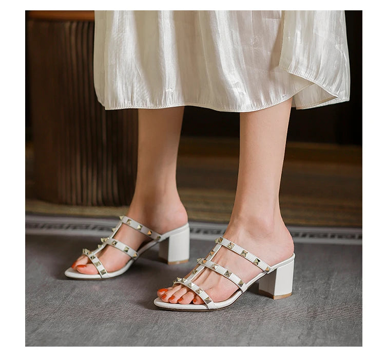 women's sandals summer 2024 luxury Designer woman Heeled slipper sandals Leather Brand Rivets High Heels Gladiator Ladies Shoes