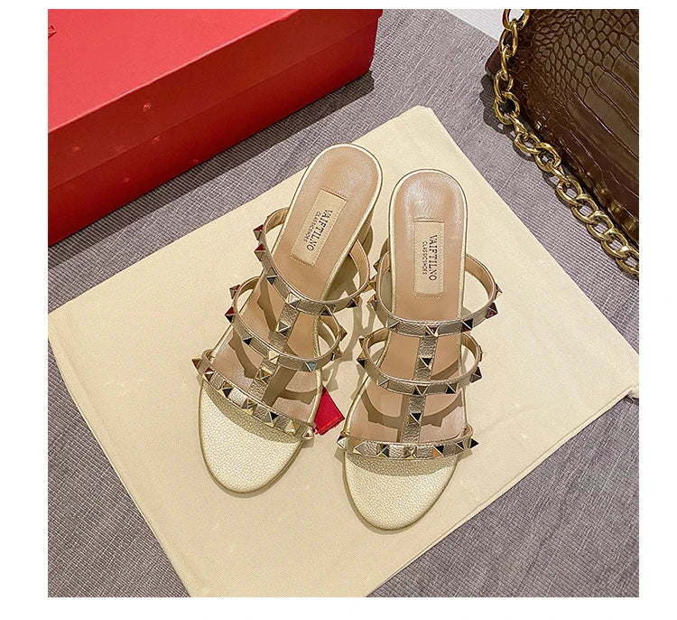 women's sandals summer 2024 luxury Designer woman Heeled slipper sandals Leather Brand Rivets High Heels Gladiator Ladies Shoes