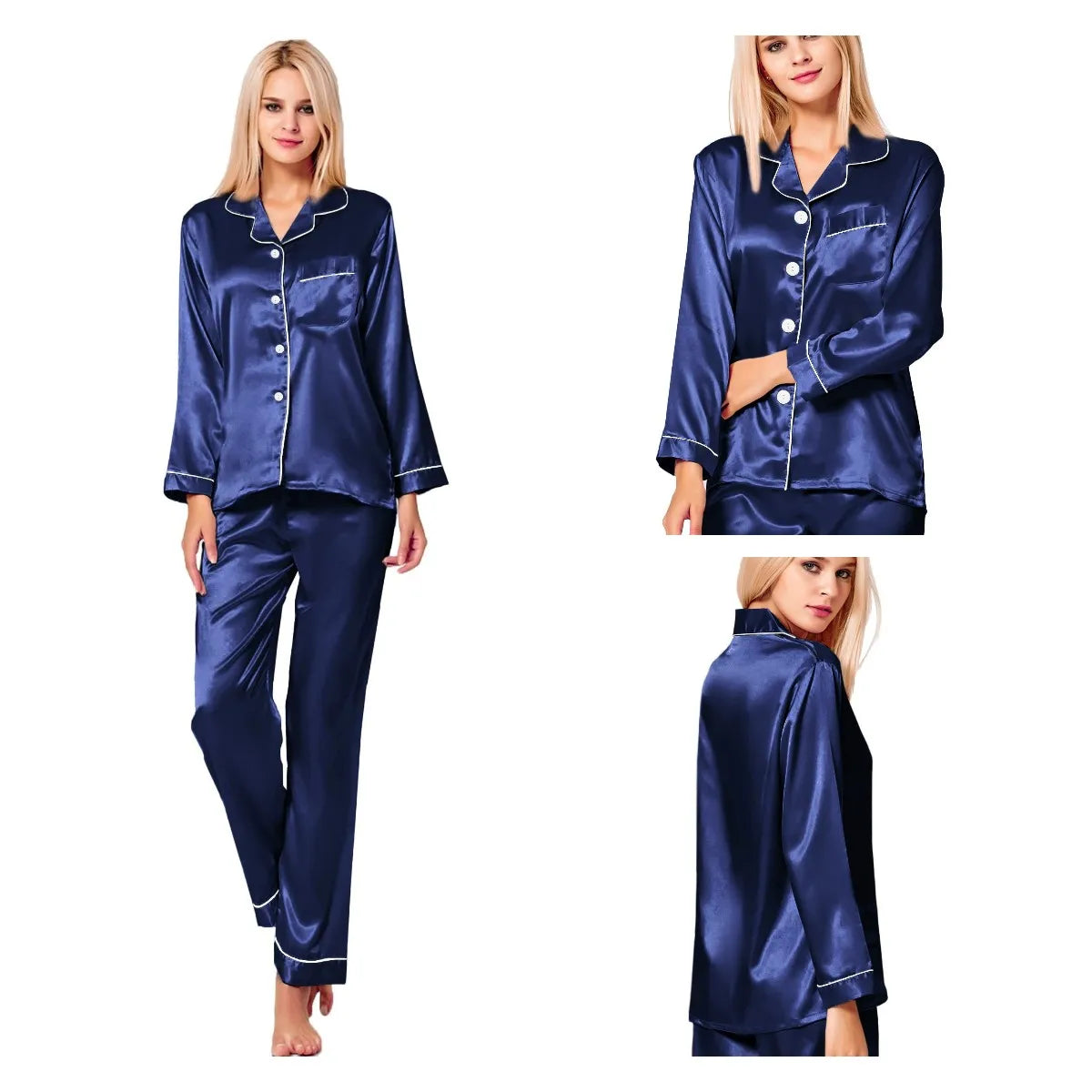 Womens Silk Satin Pajamas Loungewear Two-piece Sleepwear Button-Down Full Sleeve Long Pj Set