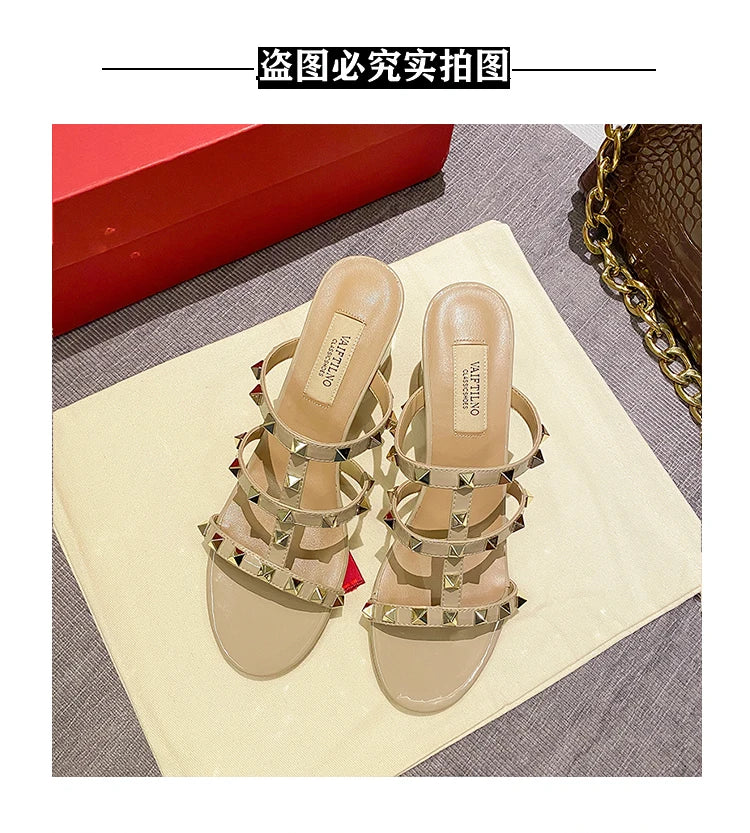 women's sandals summer 2024 luxury Designer woman Heeled slipper sandals Leather Brand Rivets High Heels Gladiator Ladies Shoes