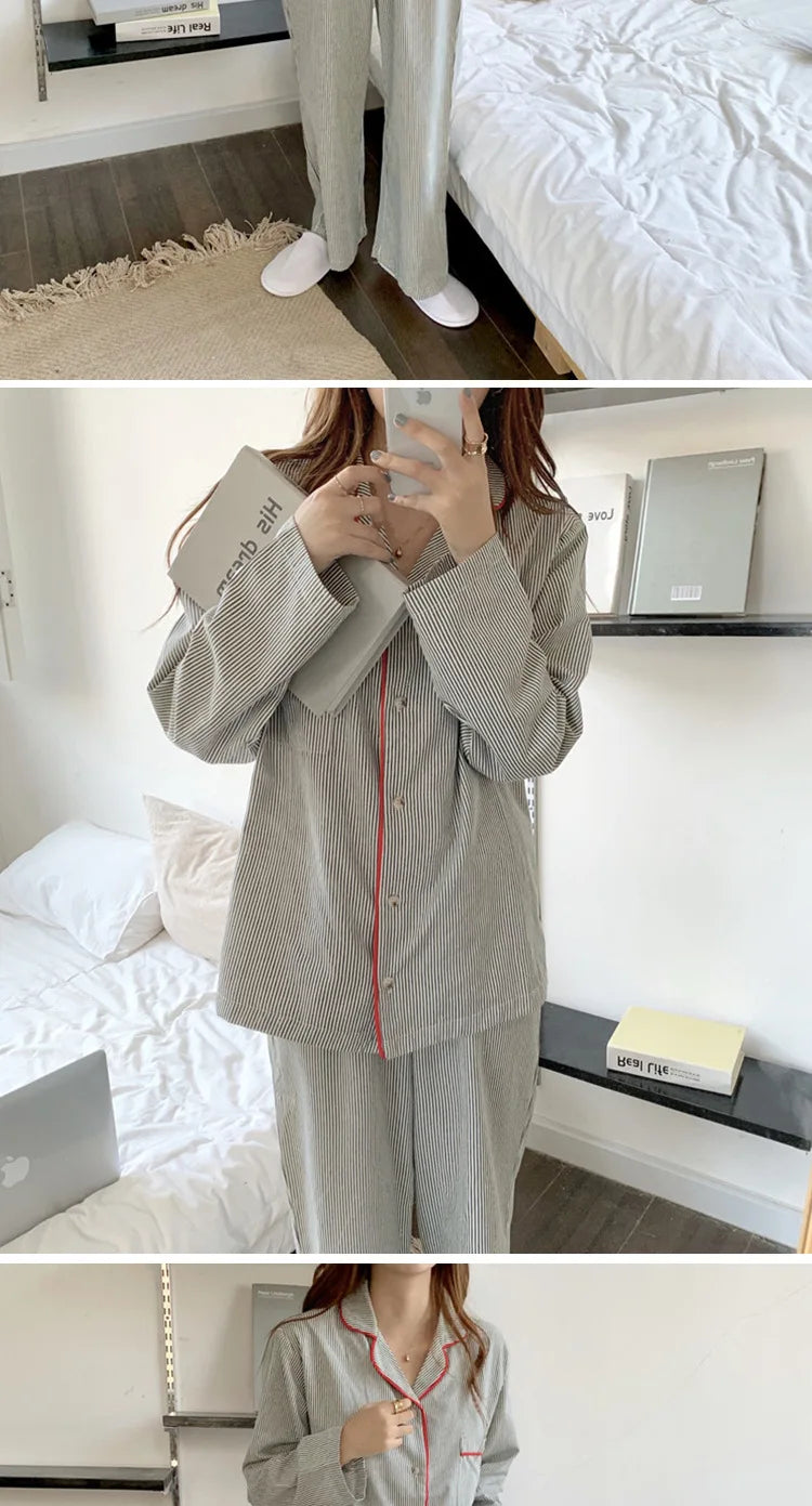 New Ins Pajamas Women's Simple Striped Long-sleeved Cardigan Girl Korean Thin Loungewear Two-piece Set Pajamas for Women Spring