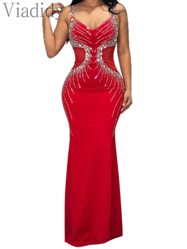 Women Spaghetti Strap Rhinestone Floor Length Mermaid Party 👗