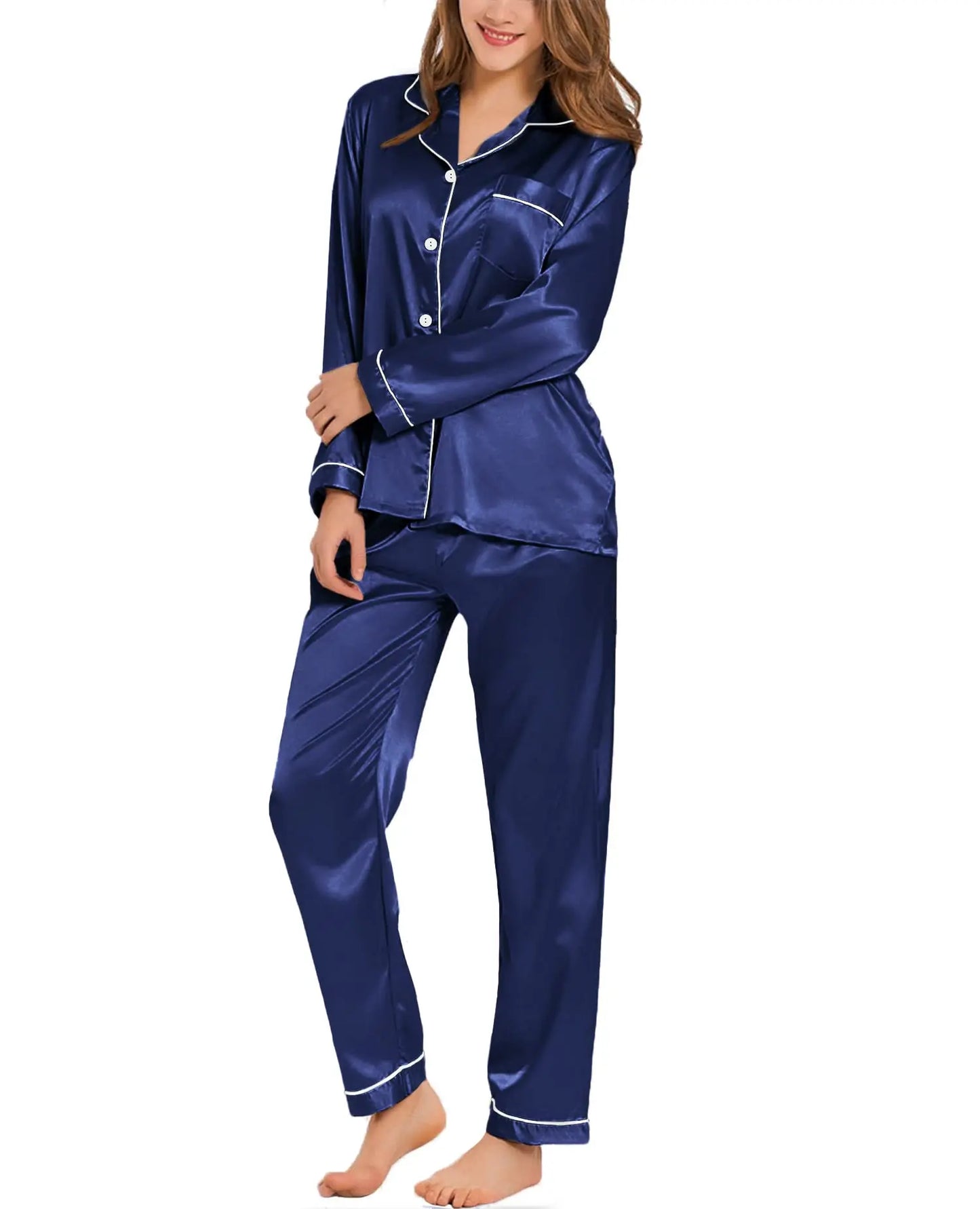 Womens Silk Satin Pajamas Loungewear Two-piece Sleepwear Button-Down Full Sleeve Long Pj Set