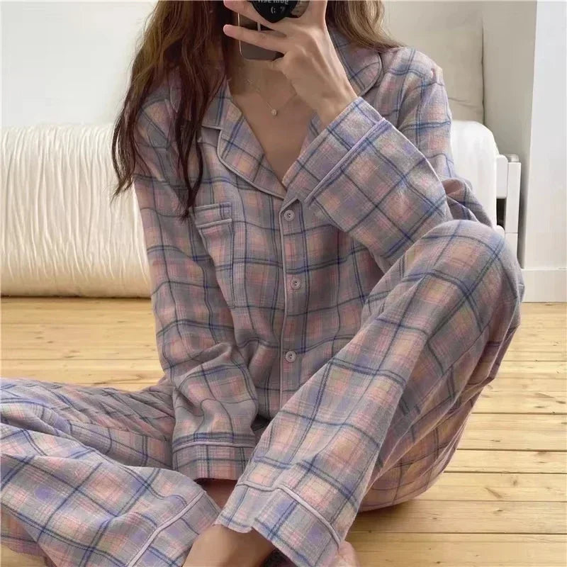 New Ins Pajamas Women's Simple Striped Long-sleeved Cardigan Girl Korean Thin Loungewear Two-piece Set Pajamas for Women Spring