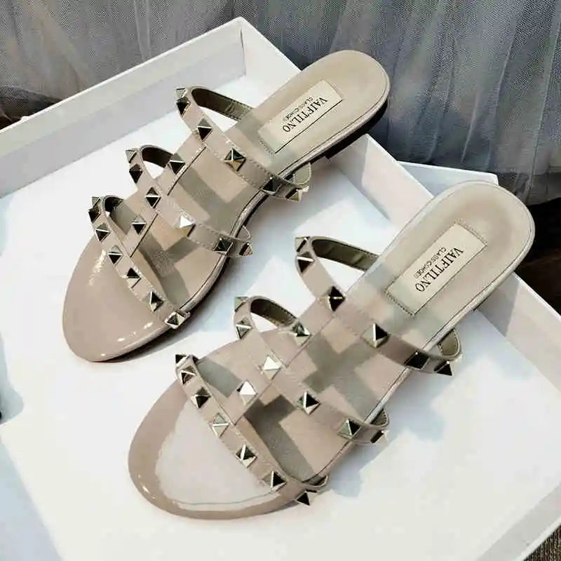 women's sandals summer 2024 luxury Designer woman Heeled slipper sandals Leather Brand Rivets High Heels Gladiator Ladies Shoes