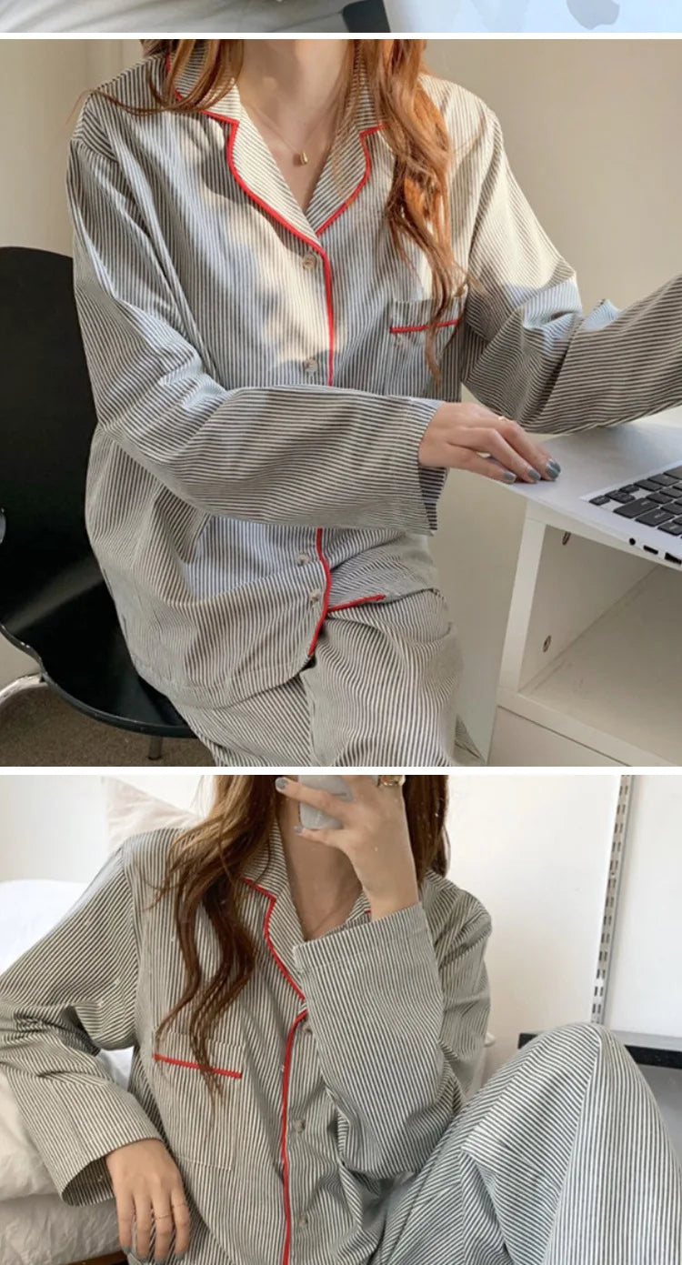 New Ins Pajamas Women's Simple Striped Long-sleeved Cardigan Girl Korean Thin Loungewear Two-piece Set Pajamas for Women Spring