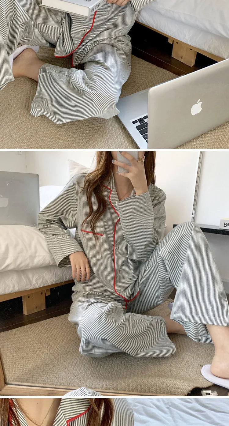 New Ins Pajamas Women's Simple Striped Long-sleeved Cardigan Girl Korean Thin Loungewear Two-piece Set Pajamas for Women Spring