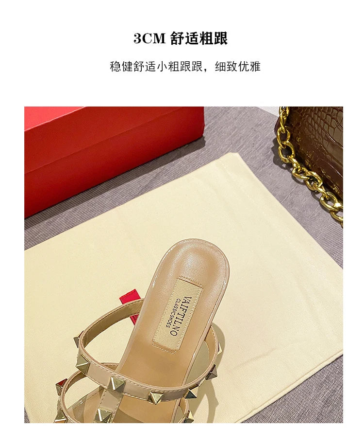 women's sandals summer 2024 luxury Designer woman Heeled slipper sandals Leather Brand Rivets High Heels Gladiator Ladies Shoes