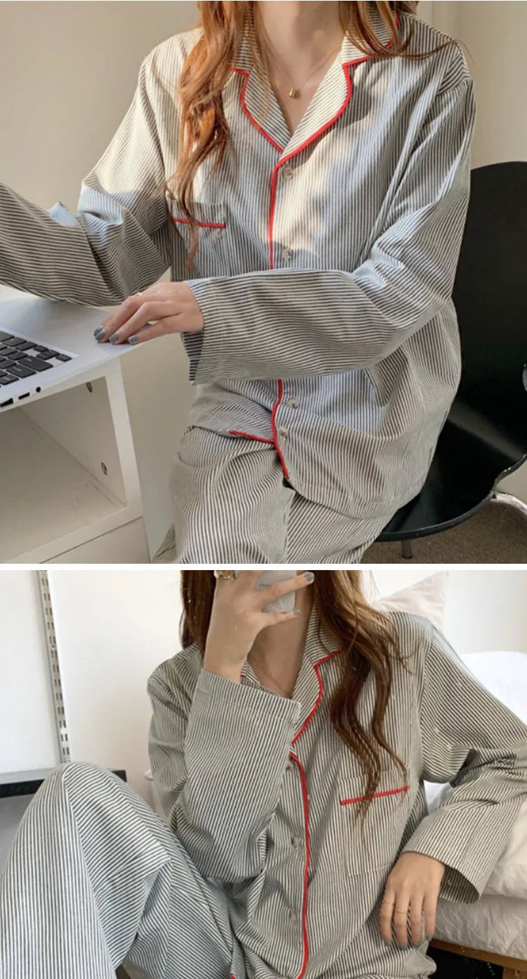 New Ins Pajamas Women's Simple Striped Long-sleeved Cardigan Girl Korean Thin Loungewear Two-piece Set Pajamas for Women Spring