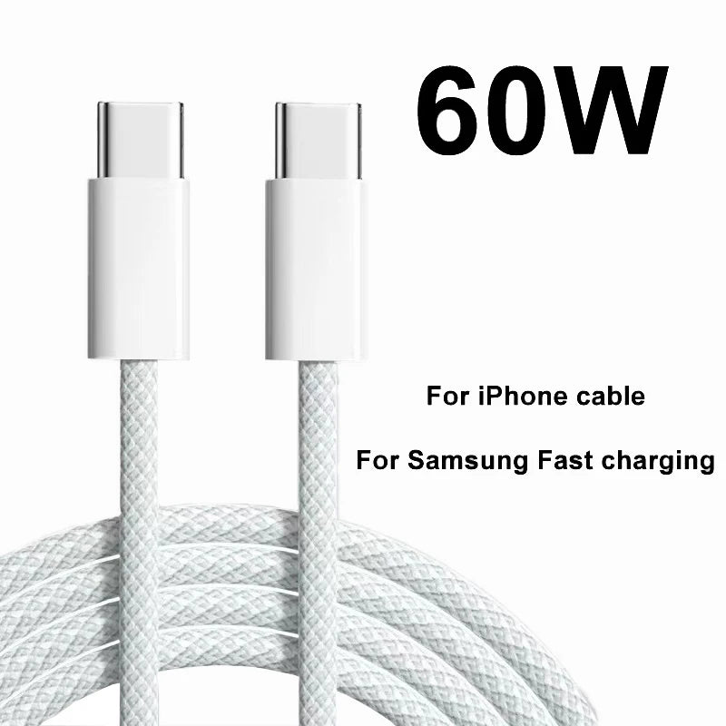 كابل شحن سريع USB C إلى Type C PD 60 وات لهاتف محمول iPhone 15 Android Samsung Huawei كابل شاحن مضفر من النوع C