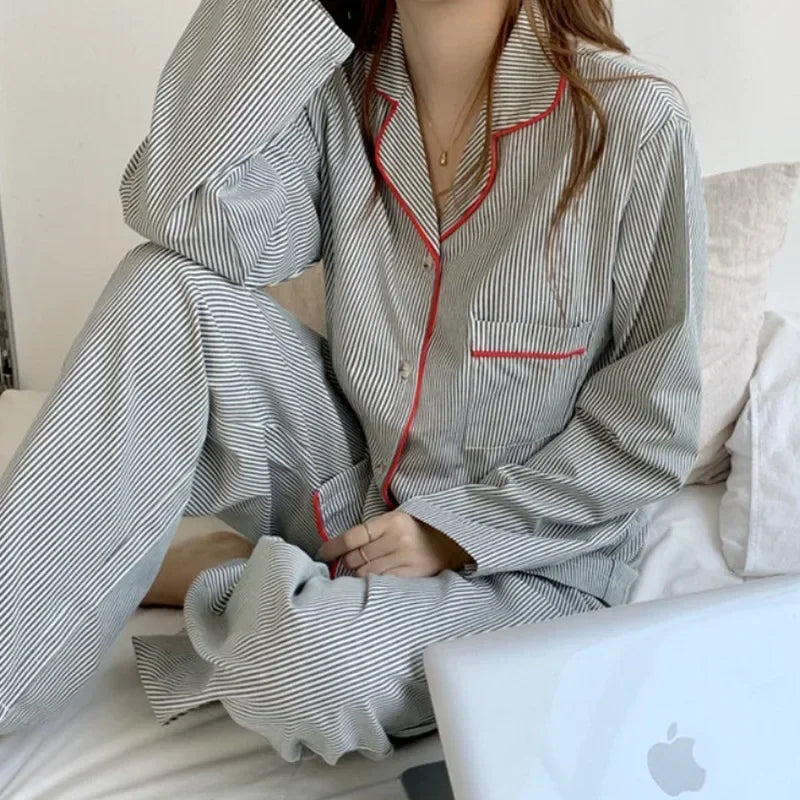 New Ins Pajamas Women's Simple Striped Long-sleeved Cardigan Girl Korean Thin Loungewear Two-piece Set Pajamas for Women Spring