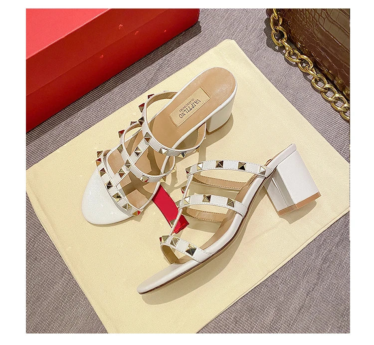 women's sandals summer 2024 luxury Designer woman Heeled slipper sandals Leather Brand Rivets High Heels Gladiator Ladies Shoes