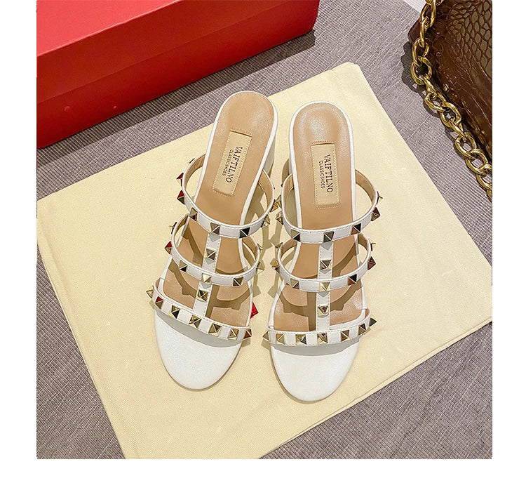 women's sandals summer 2024 luxury Designer woman Heeled slipper sandals Leather Brand Rivets High Heels Gladiator Ladies Shoes