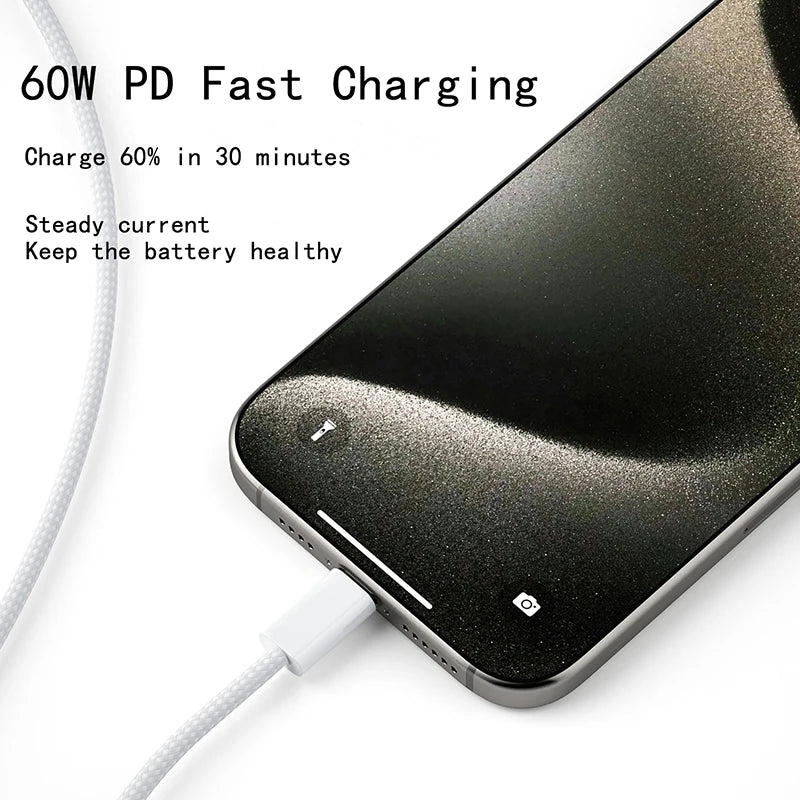 كابل شحن سريع USB C إلى Type C PD 60 وات لهاتف محمول iPhone 15 Android Samsung Huawei كابل شاحن مضفر من النوع C