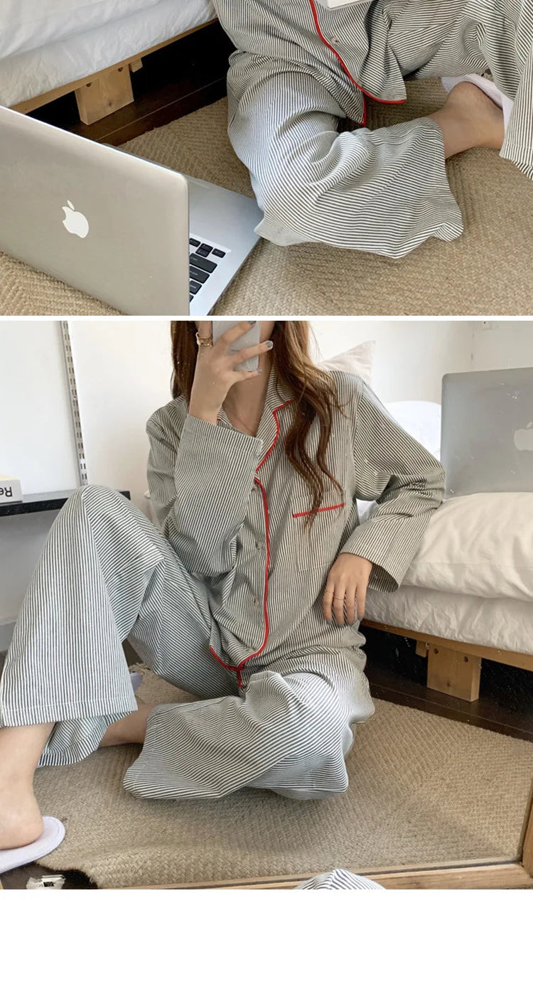 New Ins Pajamas Women's Simple Striped Long-sleeved Cardigan Girl Korean Thin Loungewear Two-piece Set Pajamas for Women Spring