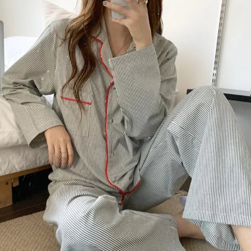 New Ins Pajamas Women's Simple Striped Long-sleeved Cardigan Girl Korean Thin Loungewear Two-piece Set Pajamas for Women Spring